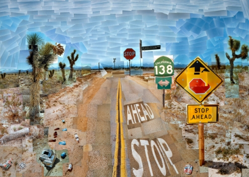 "PEARBLOSSOM HWY., 11-18TH APRIL 1986 #1" PHOTOGRAPHIC COLLAGE 47 X 64 1/2" Â© DAVID HOCKNEY COLLECTION: THE J. PAUL GETTY MUSEUM, LOS ANGELES